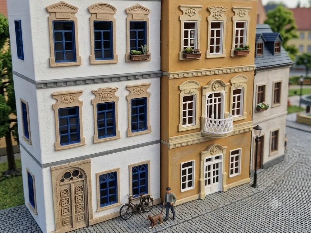 Letrero o emblema decorativo: H0 scale modular town houses. Referencia del modelo original.