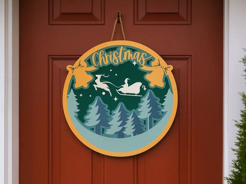 3D Christmas Santa Sleigh, Round Sign Lasercut SVG