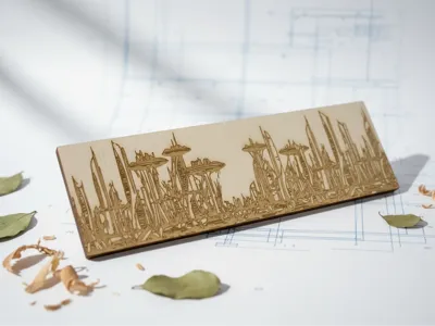 Laser Engraved City Skyline Wood and Metal Panels
