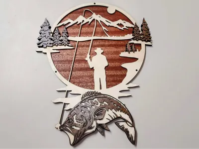 Mountain and Fishing Silhouette Wall Art