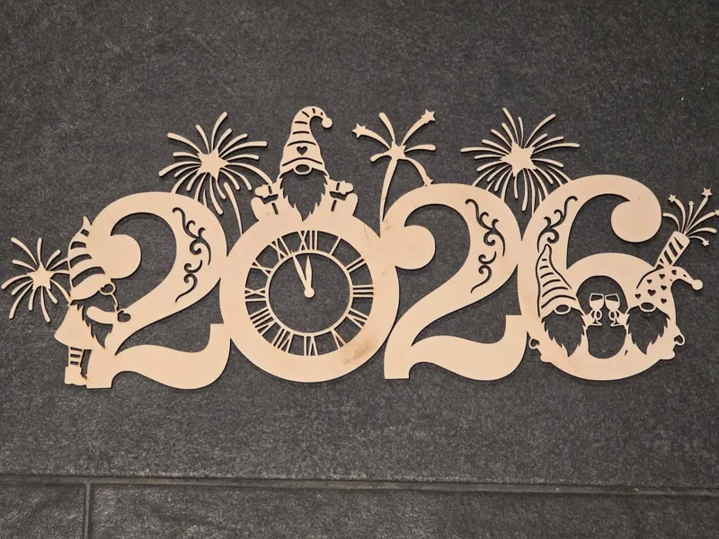 Happy New Year 2026 Sign with Gnomes and Fireworks