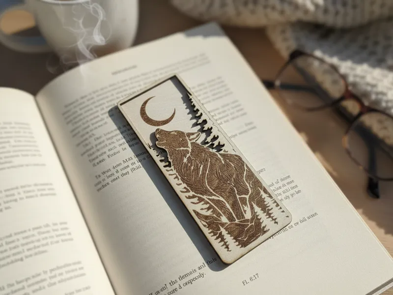 Wooden Bookmark with Howling Wolf and Moon Design