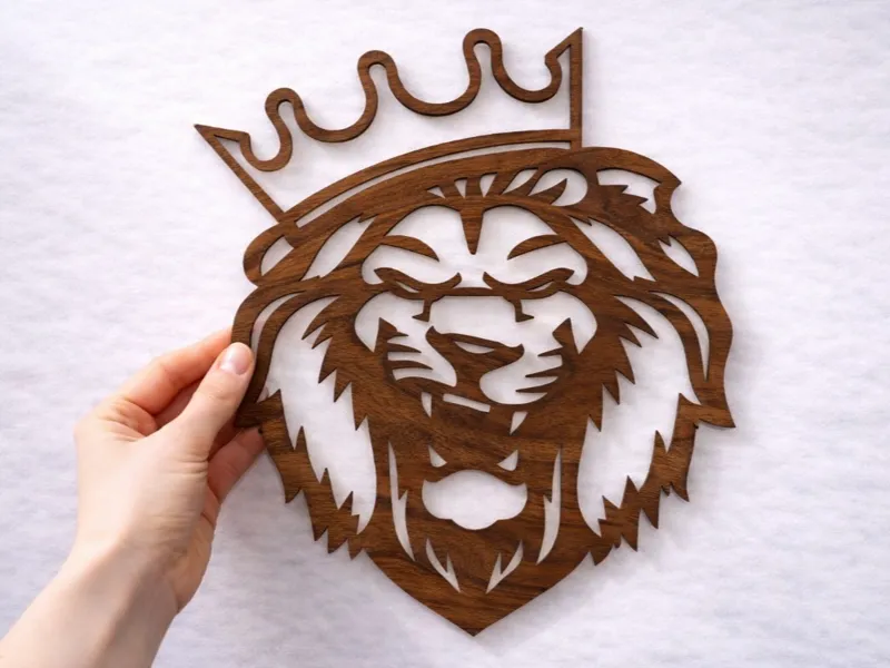 Crowned Lion Head – Walnut Wood Wall Art