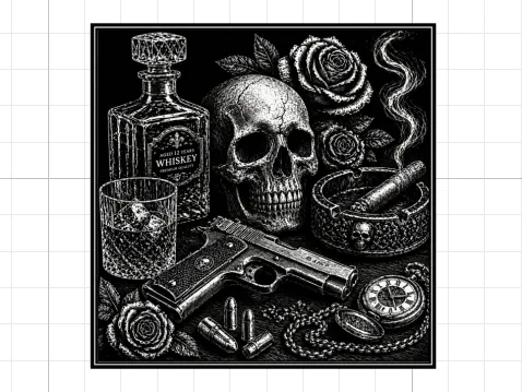 Wooden Coaster Skulls, Gun & Cigar