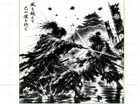 Shadow Duel Samurai Battle Engraved on Wood