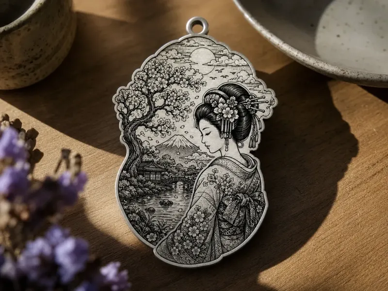 Geisha and Mount Fuji Landscape Pendant