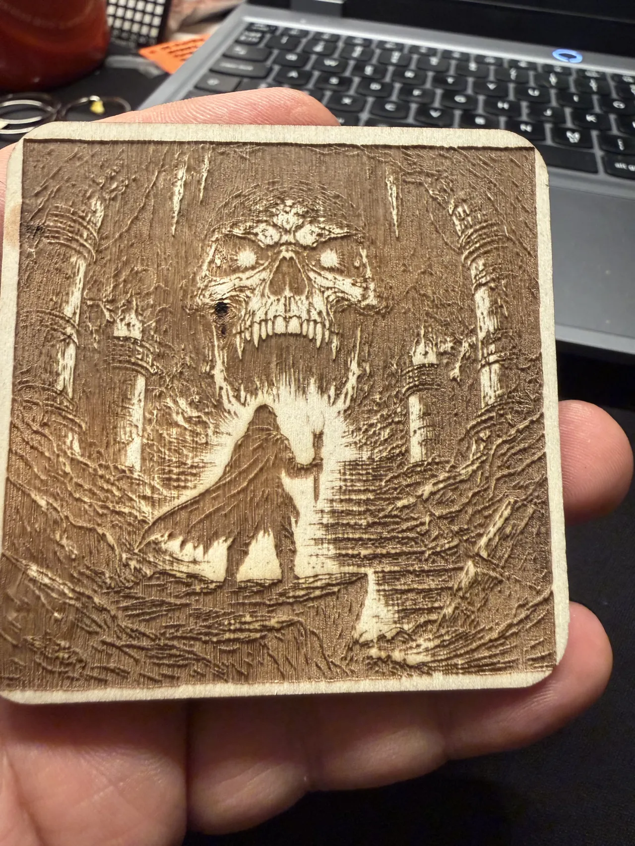 Adventurer and Skull Wood Engraving view 2