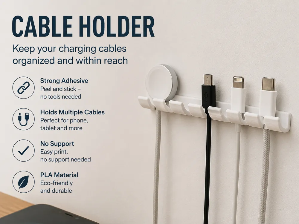 Soporte: Cable Holder for Phone Chargers - Fast print. Referencia del modelo original.