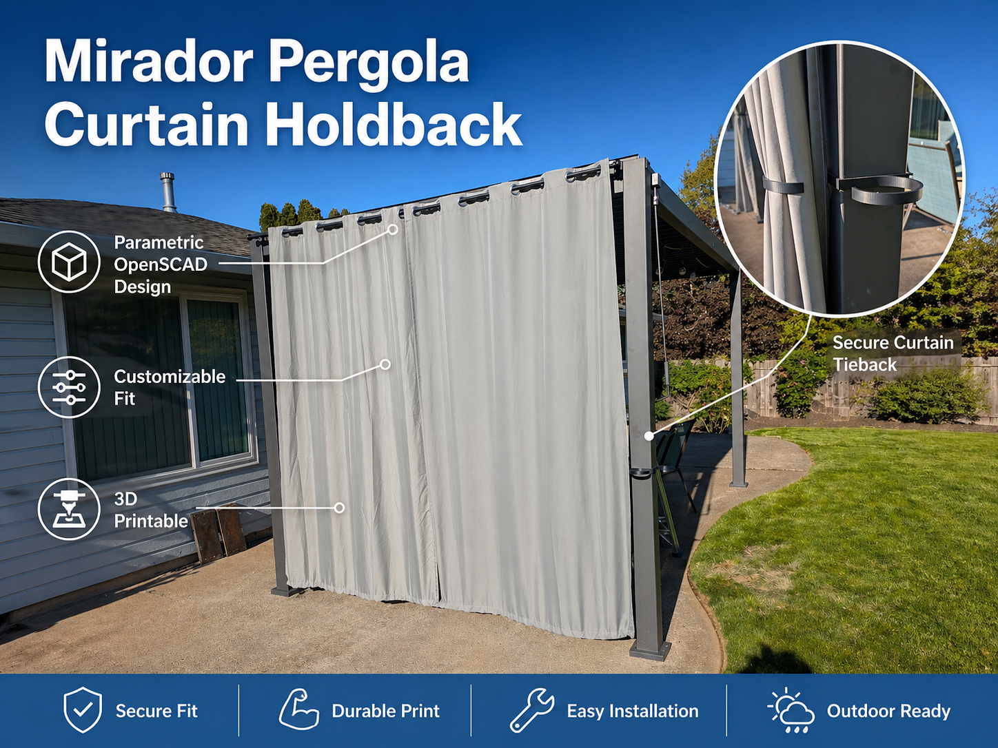 Customizable pergola / gazebo curtain holdback