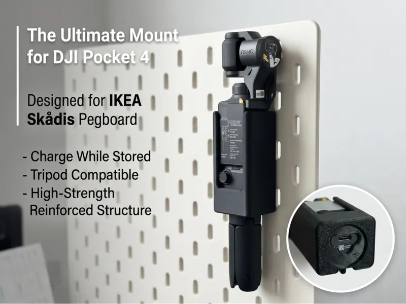 【原创适配】DJI Pocket 4 宜家洞洞板支架:充电/支架通用,省耗材高强度