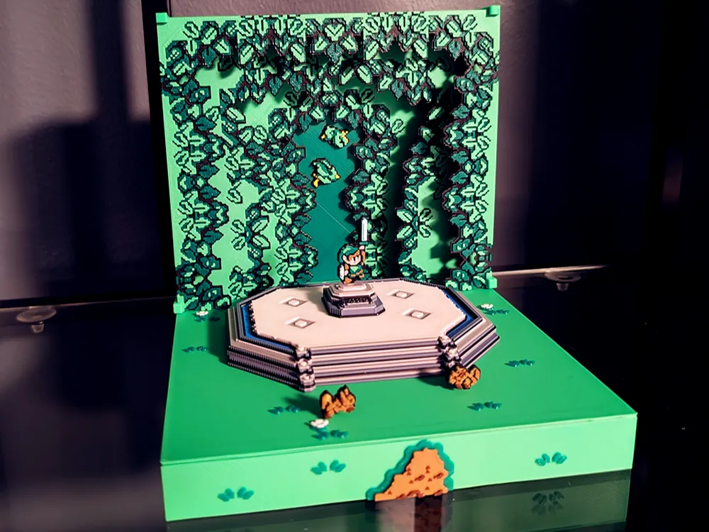 Zelda: A Link to the Past — Master Sword Diorama 3D-printed pixel art