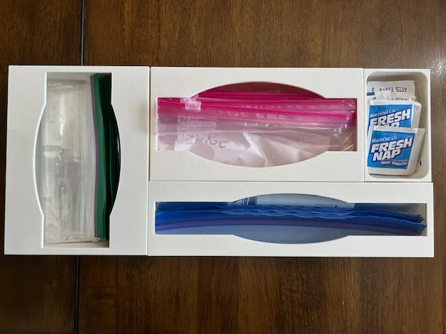 Storage boxes for zip bags: three sizes
