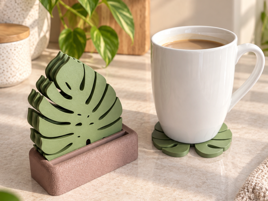 Monstera Leaf Coasters with Holder - 1