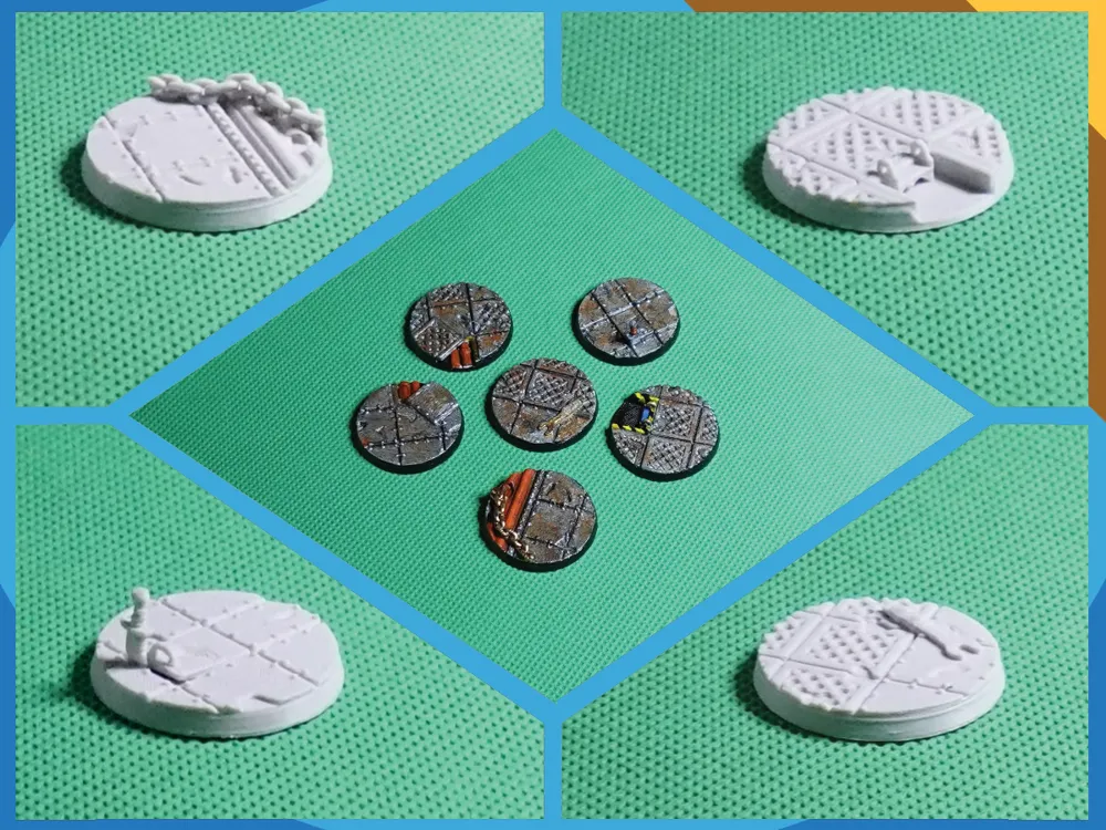 Miniature Base Rim Design Industrial Style, 28mm scale Round Miniature Bases by The Terrain ...