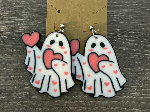 Cute Ghost Heart Earrings – Multicolor 3D Print