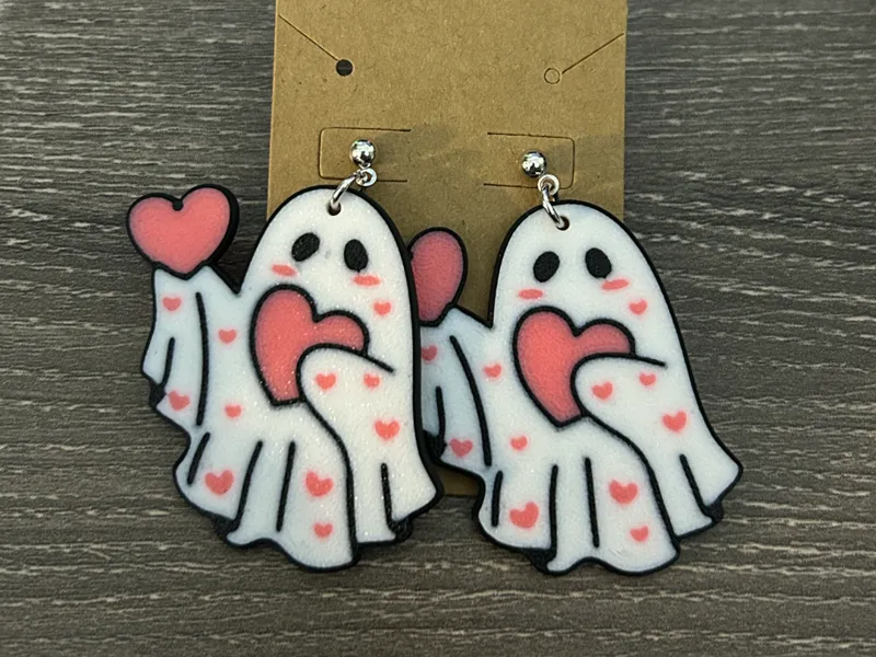 Cute Ghost Heart Earrings – Multicolor 3D Print