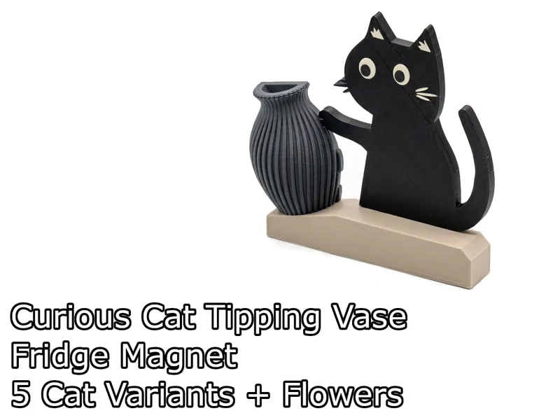 Curious Cat Tipping Vase | Fridge Magnet + Flowers