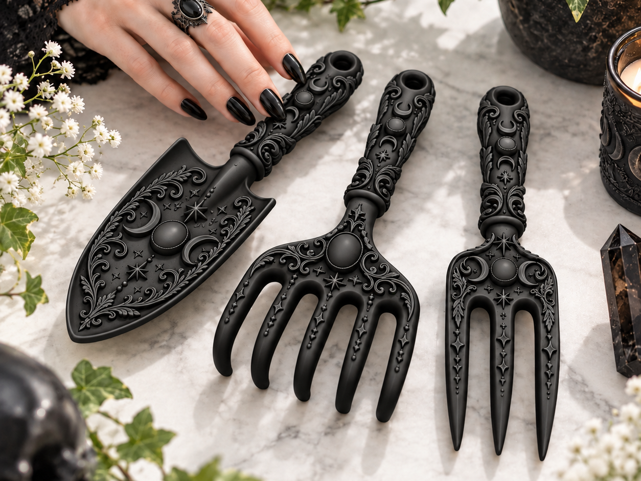 Goth Modern Witch Garden Tool Set triple moon - 1