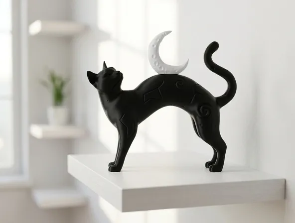 Celestial Cat With the Moon Sculpture