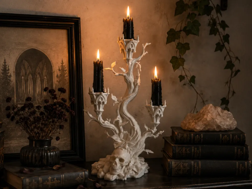 Accesorio de iluminación decorativa: Gothic Tree Candelabra – Dark Candle Holder. Referencia del modelo original.
