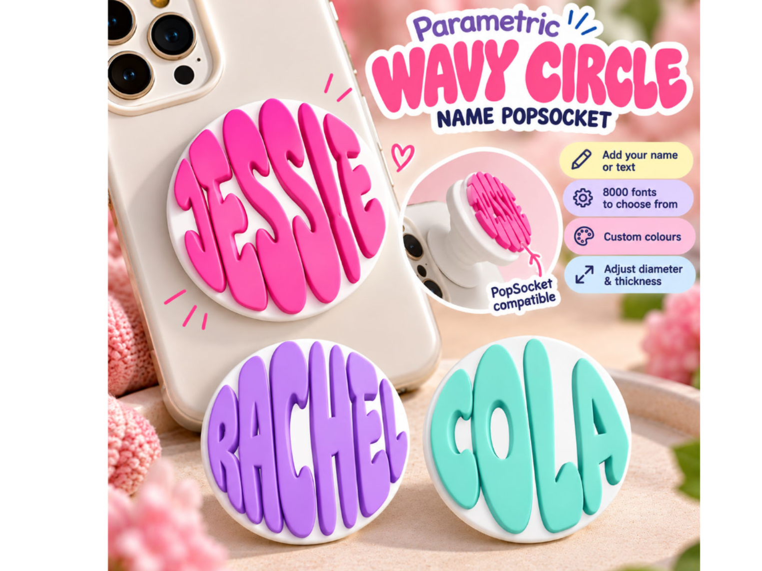 Parametric Wavy Circle Name – Popsocket 1 line — STL Grátis | 3DFinder