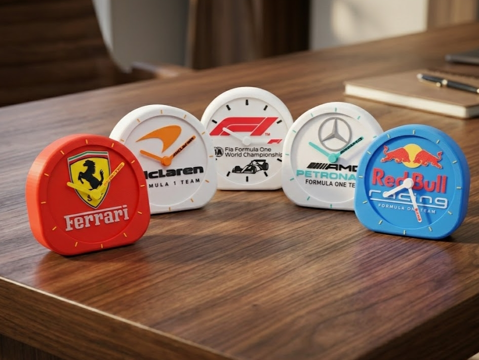 Set F1 Teams, table clock, Ferrari, Mercedes, FIA
