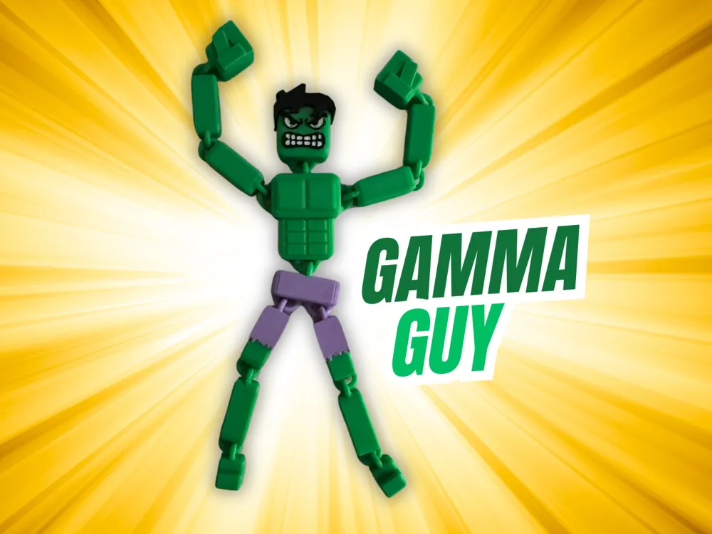 A colorful 3D-printed Gamma Guy figure from the ArticuLeague collection
