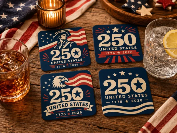 Set de sous-verres patriotiques USA 250 ans avec plateau