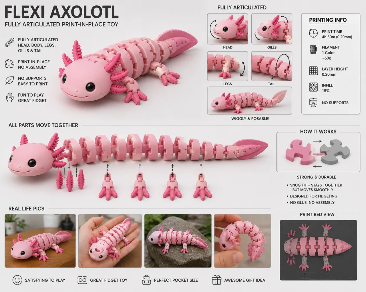 Flexi Axolotl Print-in-Place Fidget Toy view 3