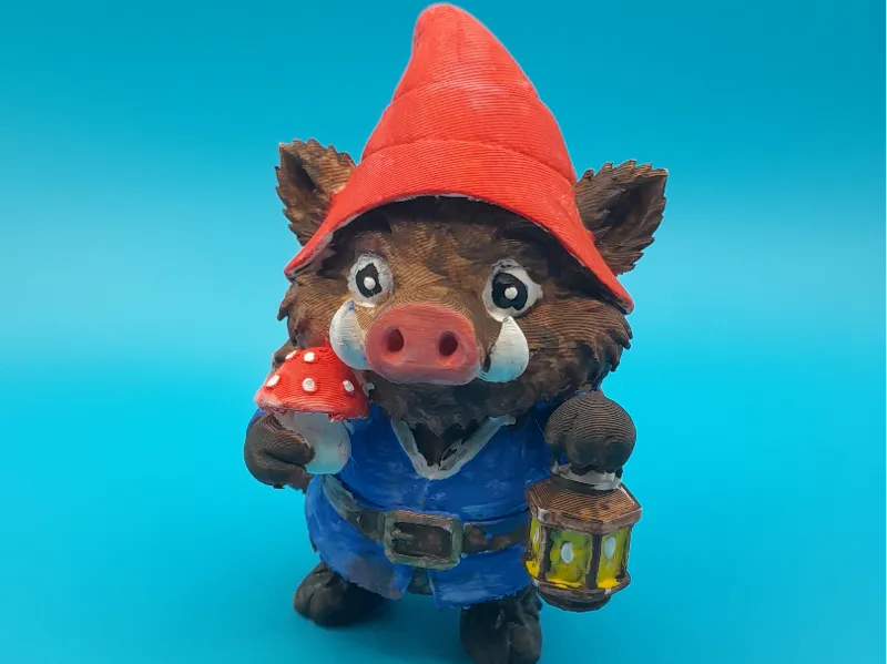 Boar gnome with lantern and mushroom