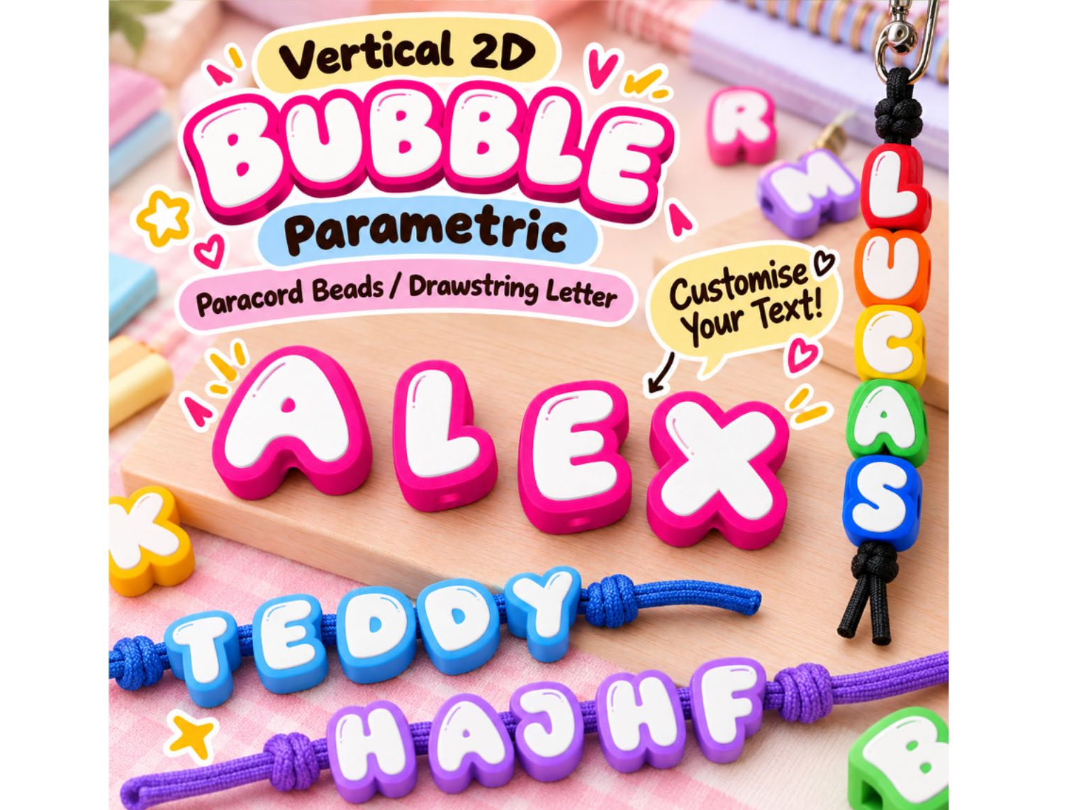 Parametric 2D Bubble Letter Beads Paracord NAME - 1
