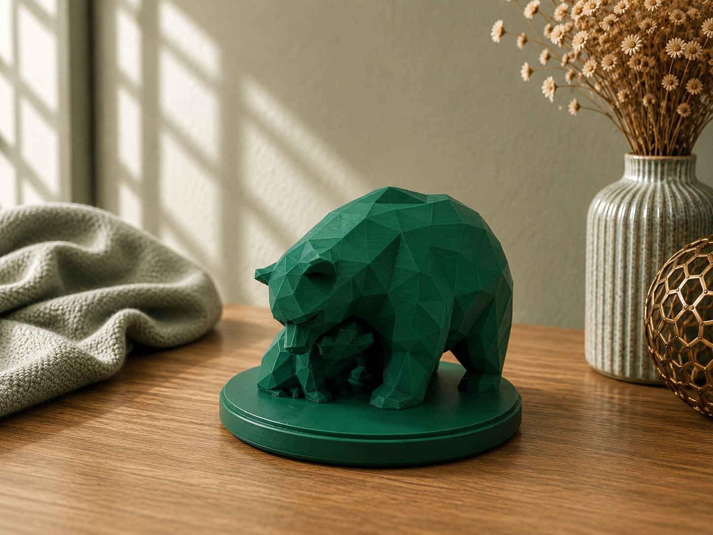 Low-Poly Bär mit Jungem auf einem Sockel