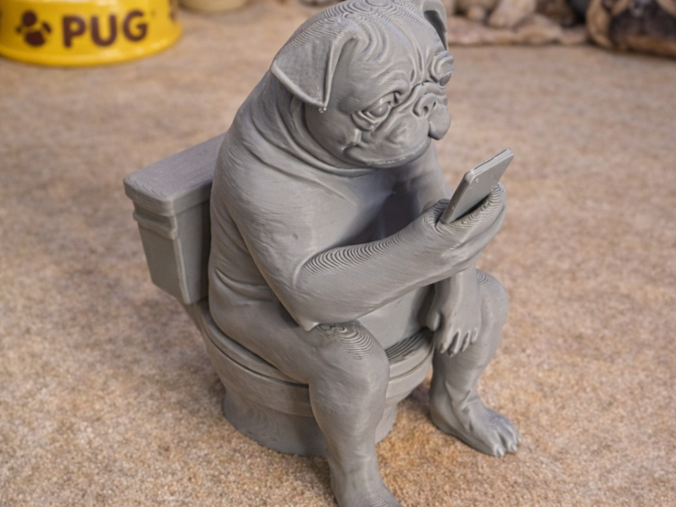 Pug Dog Sitting on Toilet with Cell Phone