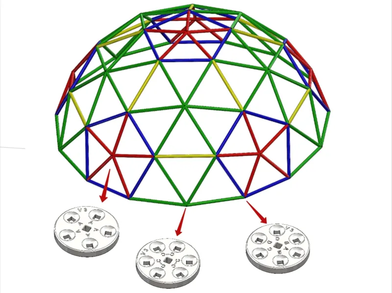 Knotenelmente für 3V - 4/9 geodesic Dome