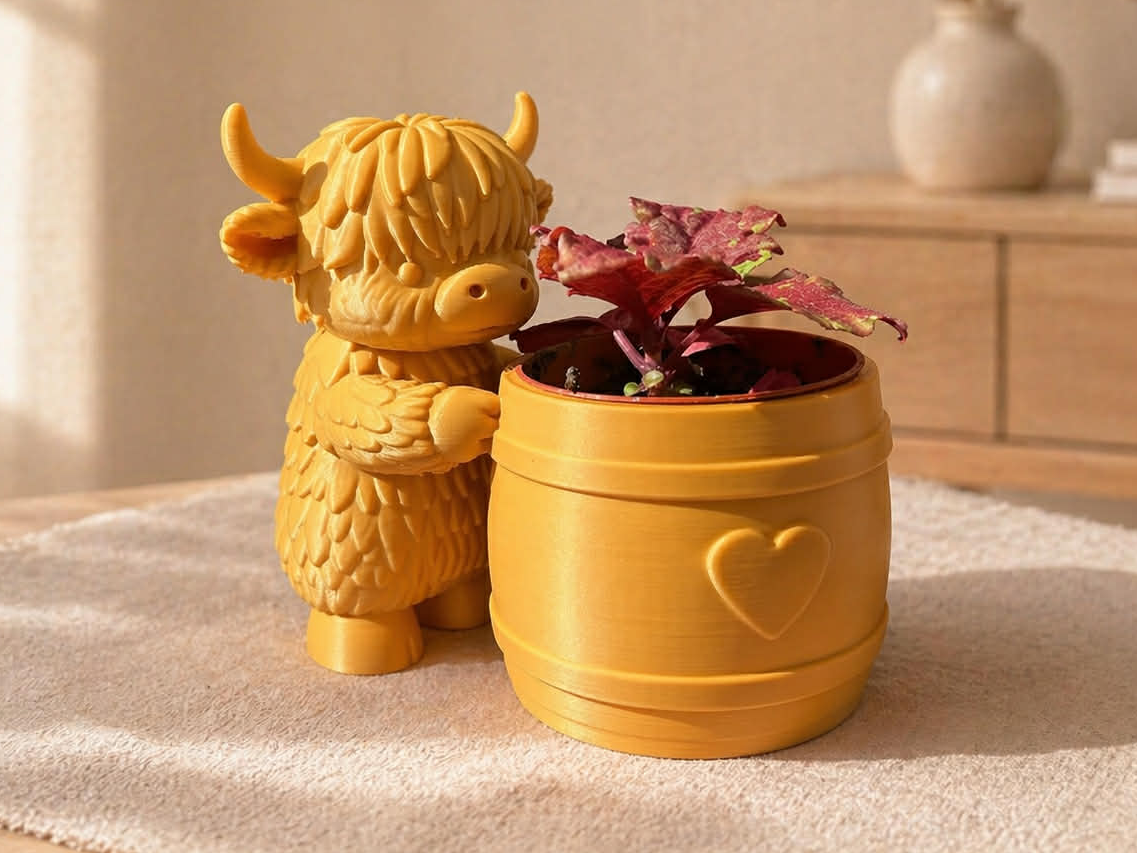 Cute Highland Cow Barrel Planter 