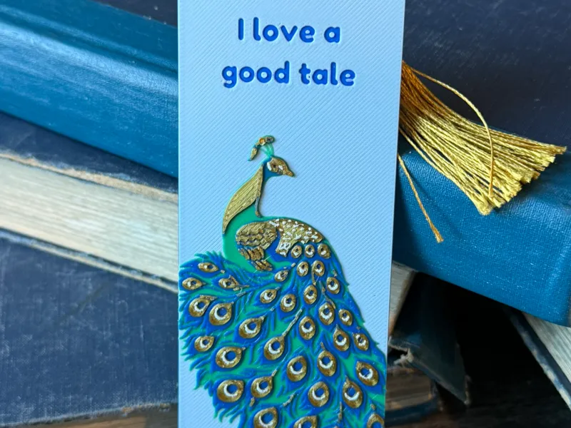 Peacock bookmark, NO AMS, "I Love a Good Tale"