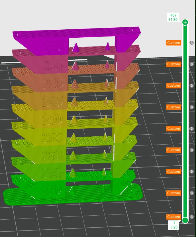 ABS temp tower - ultimate bridging, stringing, overhang test - temperature coded!