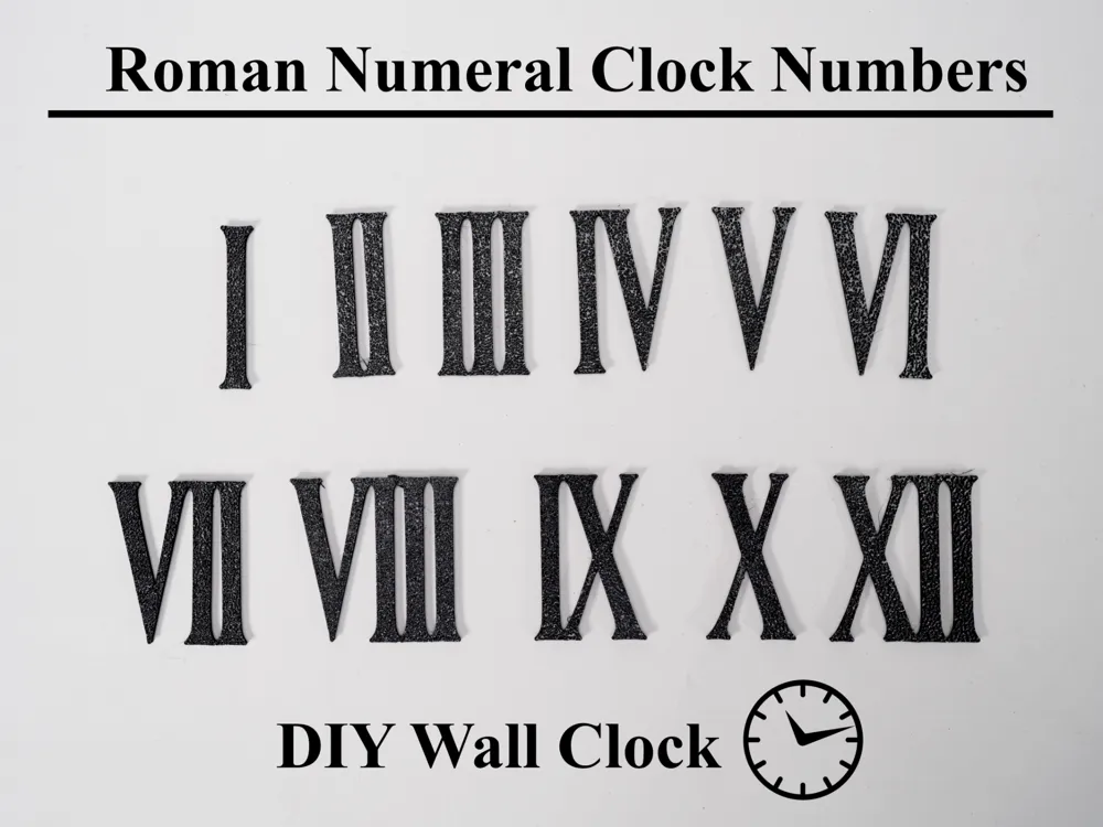 Letrero o emblema decorativo: Roman Numeral Clock Numbers I–XII DIY Wall Clock. Referencia del modelo original.