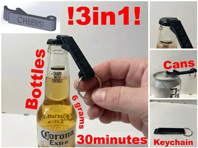 3in1 'CHEERS!' Bottle&Can Opener Keychain 6g/30min