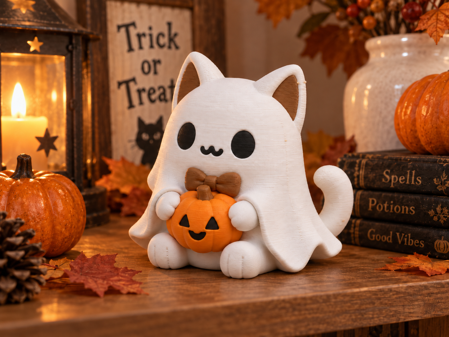 Cute Ghost Cat with Pumpkin | Halloween & Autumn - 1