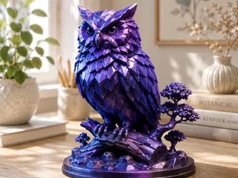 Letrero o emblema decorativo: Mystic Crystal Owl – Low Poly Fantasy Decor — referencia de MakerWorld