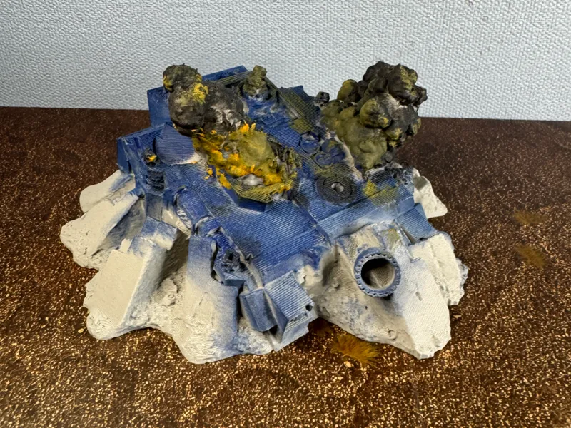 40k Vindicator wreckage with fire