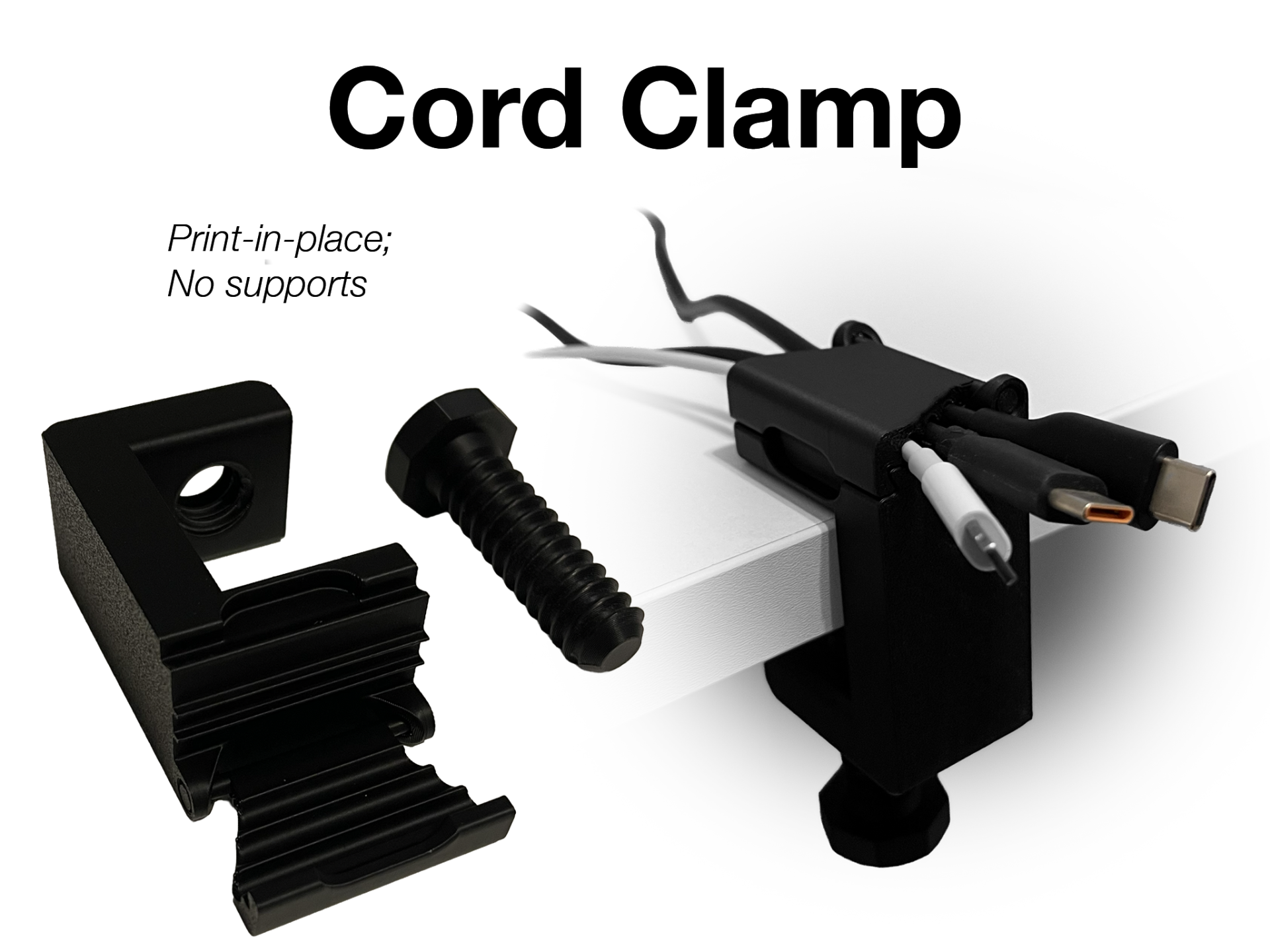 Cord Clamp — Print-in-Place, No Supports