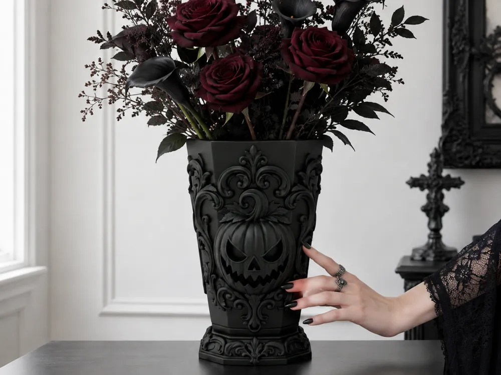 Jarrón decorativo: Goth Halloween Samhain Pumpkin Flower Vase. Referencia del modelo original.