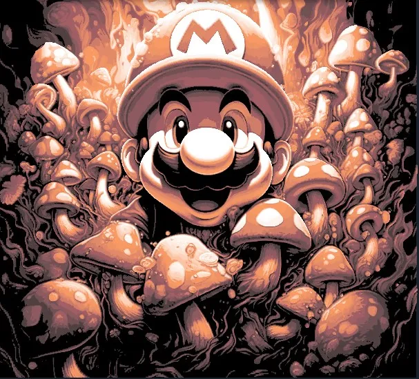 mario and shrooms HUEFORGE 4 color print