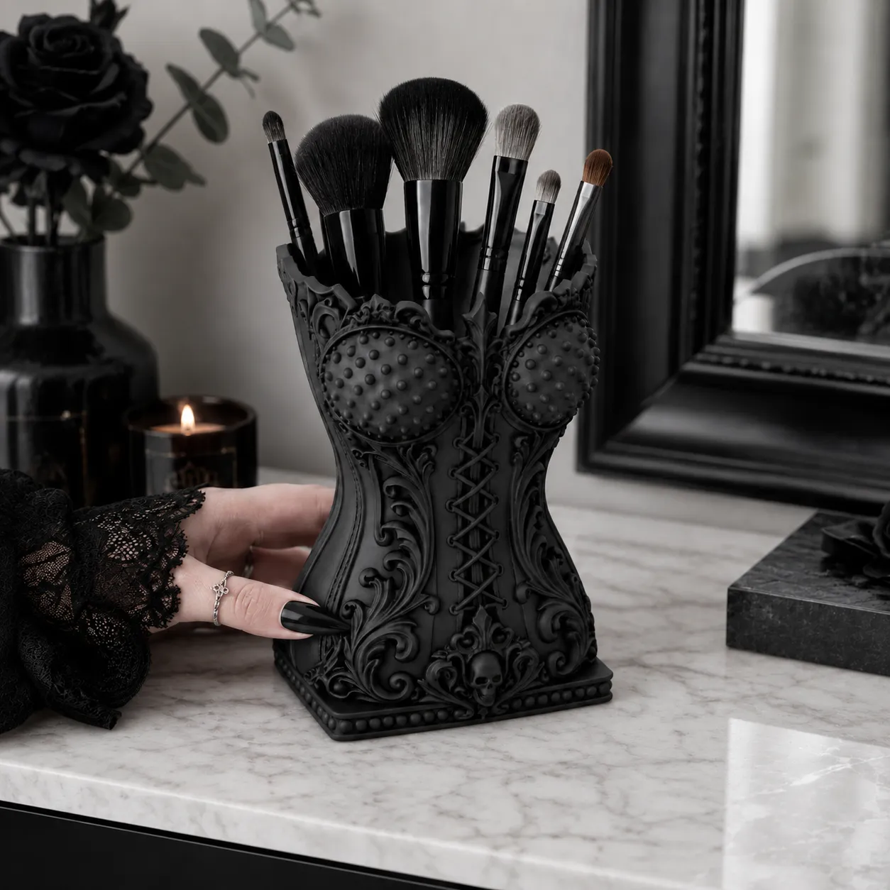 Goth Corset Makeup organizer Brush Holder view 2