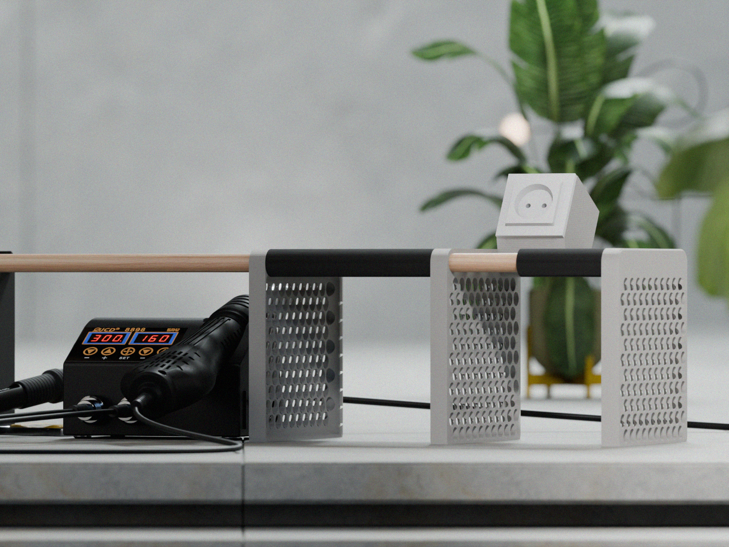 Cheese garter desk shelf with wooden dowels