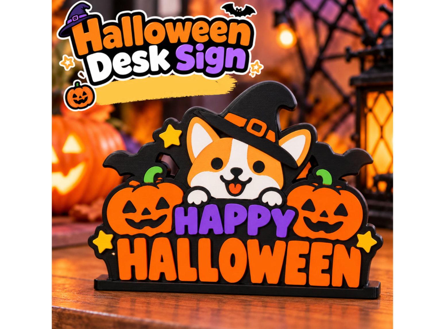 Cute Corgi Halloween Desk Sign Pumpkin Witch 3D model