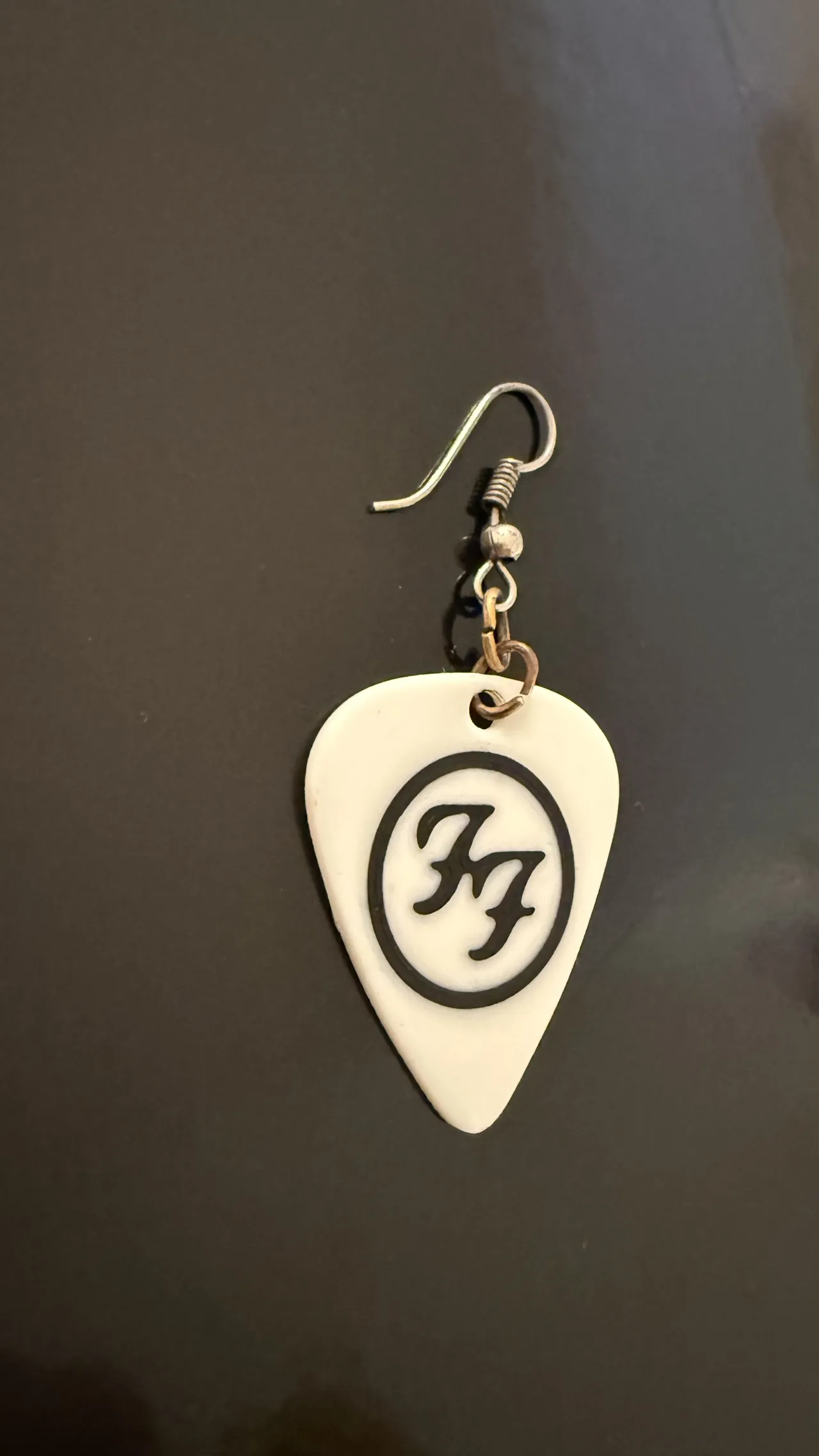 Foo Fighter guitar pick earrings view 3