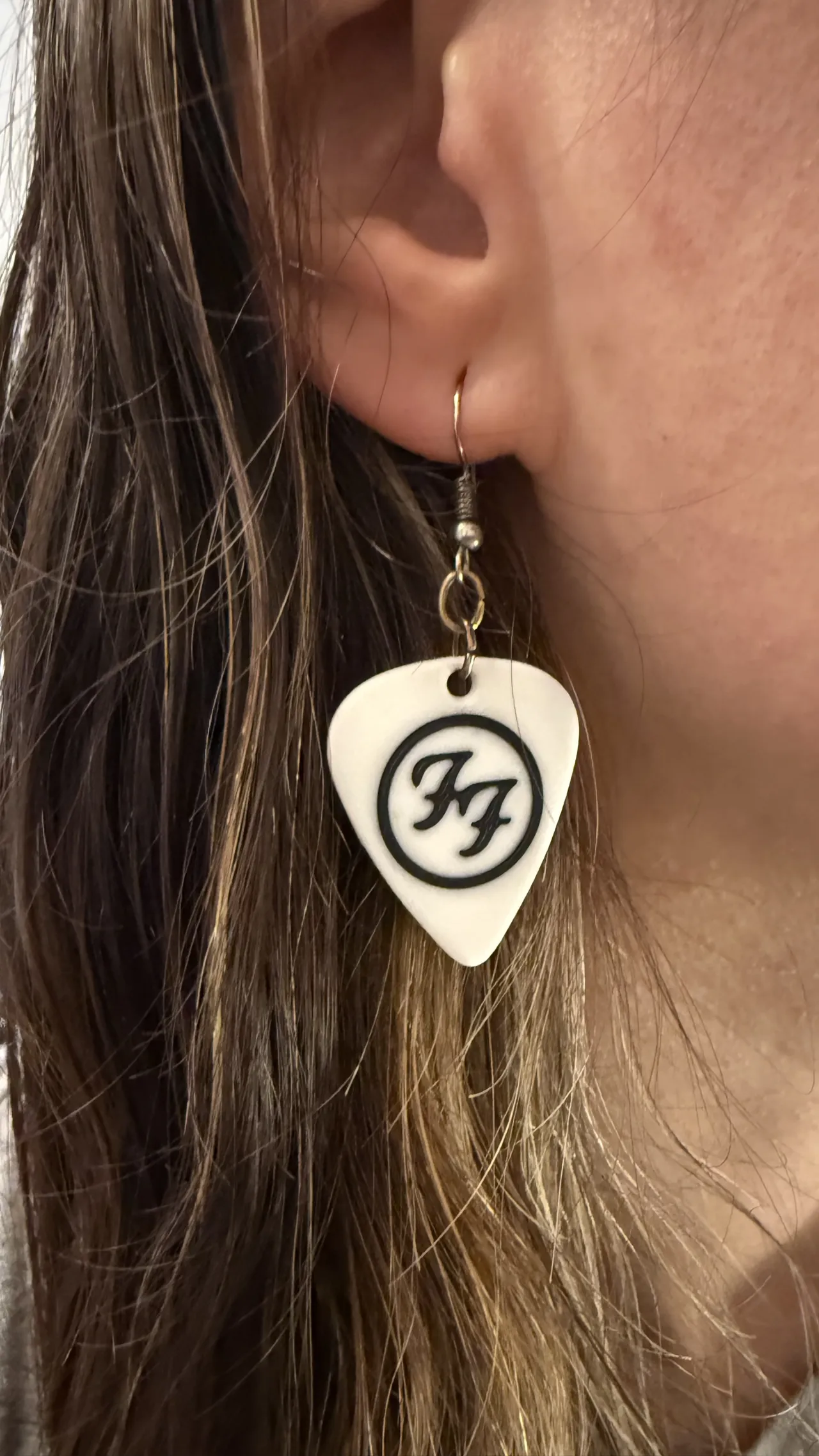Foo Fighter guitar pick earrings view 2